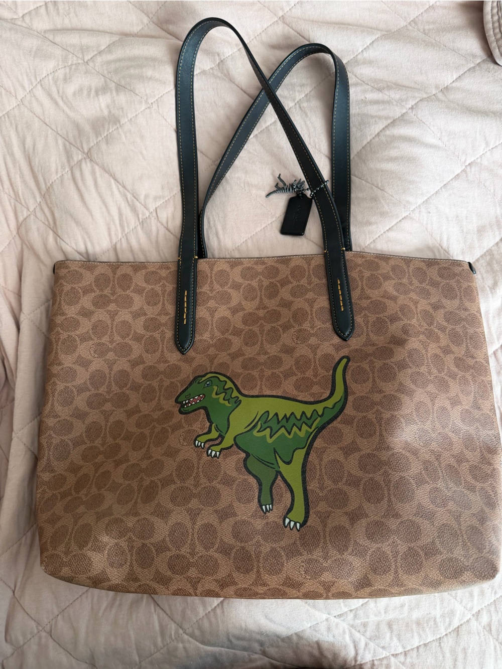 Coach Tan Signature Tote Rexy with Green Graphic
